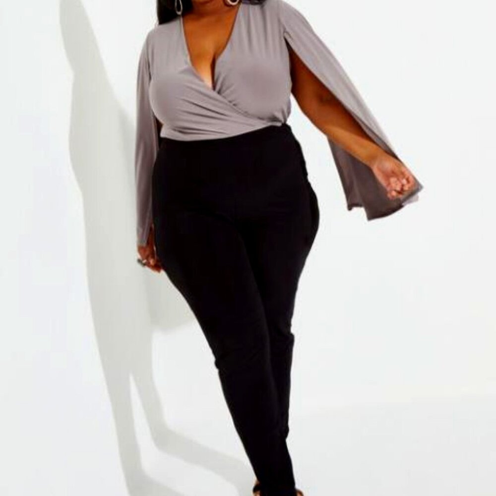 Ashley Stewart Plus Size Two Tone Faux Wrap Jumpsuit, Black/Gray Combo, 14/16